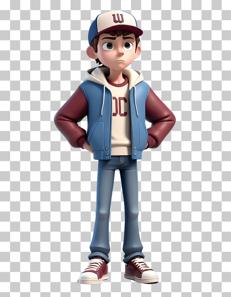 PSD 3d render of a cartoon boy wearing a baseball cap and jacket