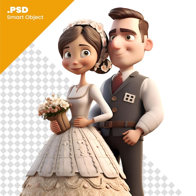 Rendering 3d di una sposa e uno sposo dei cartoni animati su un modello psd a sfondo bianco