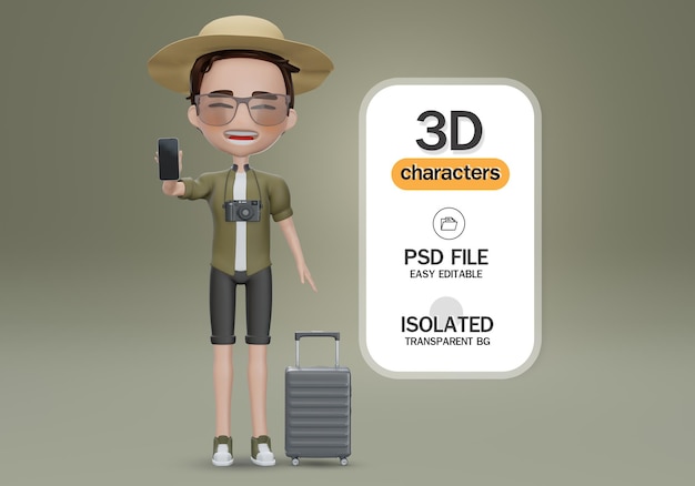 3D визуализация мультяшного персонажа туриста с чемоданом и телефоном