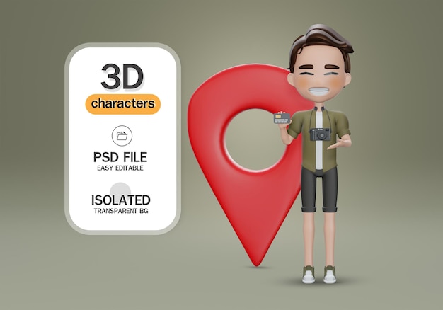 3d rendono il personaggio dei cartoni animati con il turista della carta di credito con la posizione del perno