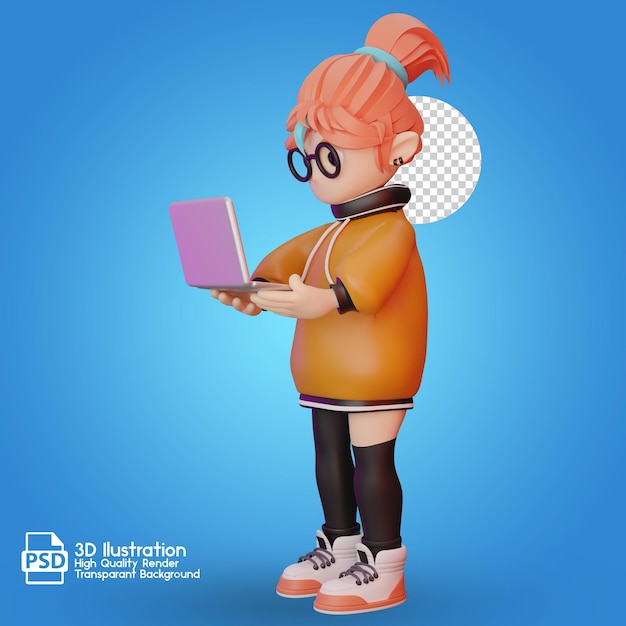 3d визуализация мультипликационного персонажа в очках и ноутбуке
