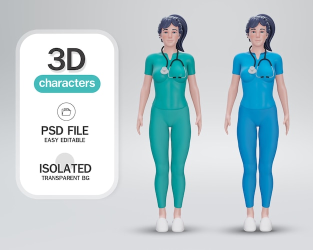 3D рендеринг. Мультяшный персонаж женщина-врач носит униформу. Медицинские картинки, изолированные на фоне.
