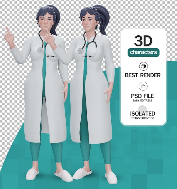 PSD 3dレンダリング漫画のキャラクターの女性医師は制服を着ています医療クリップアートは指で方向を示しています