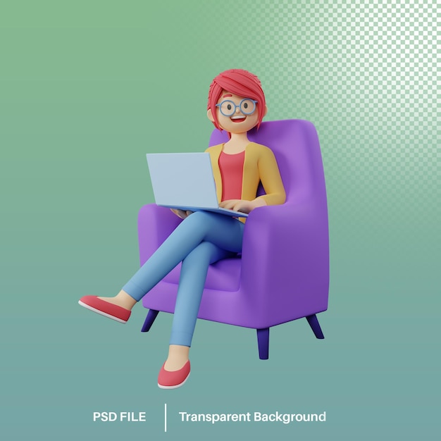 3d render of cartoon girl character working on a laptop