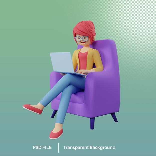 PSD rendering 3d del personaggio di una ragazza dei cartoni animati che lavora su un laptop