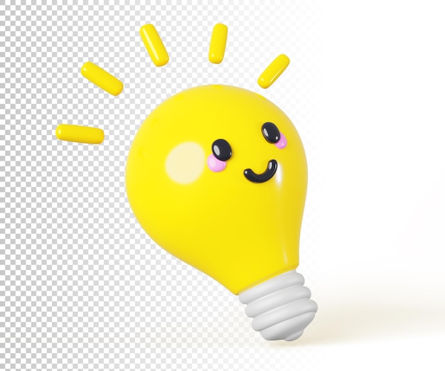 3d render cartoon gloeiende gloeilamp kawaii karakter met glimlach creatief idee onderwijs schattig gele glazen lamp slimme mascotte pictogram met blij gezicht geïsoleerd op wit op achtergrond 3d illustratie