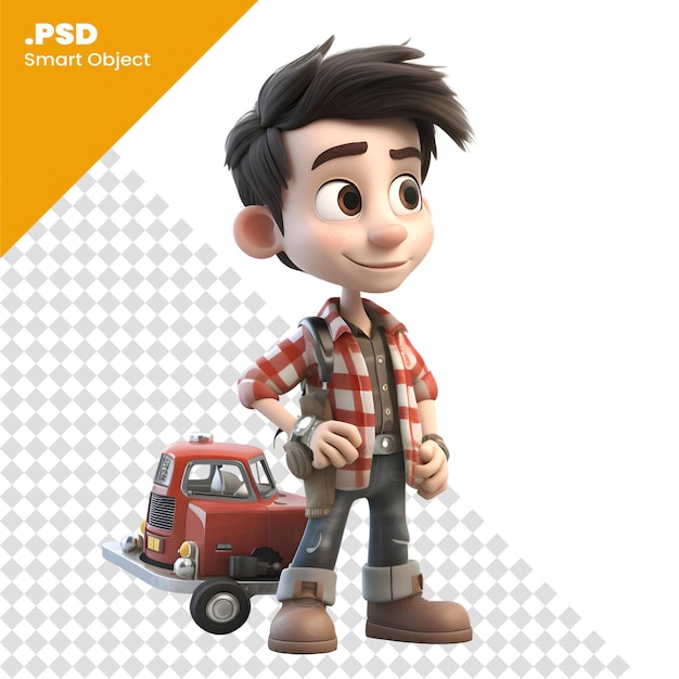 PSD 3d render of a cartoon mechanic with a toolbox on a white background psd template