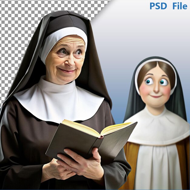 PSD 3d render of cartoon nun with book in a white background psd template