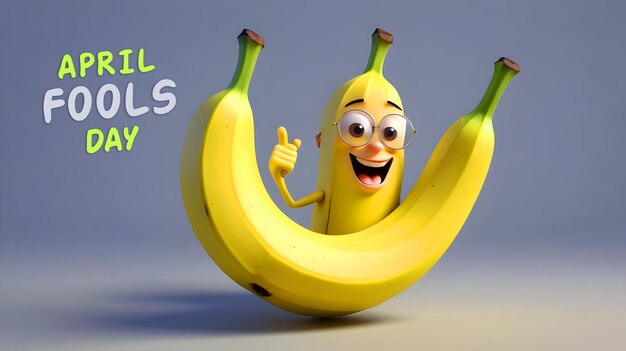 Rendering 3d di buccia di banana in stile cartone animato con le parole happy fools day premium images