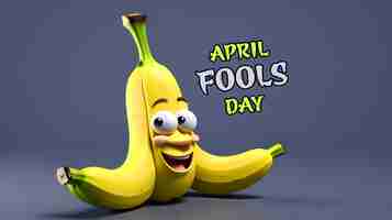 PSD 3d render cartoon style banana peel with words happy fools day premium images