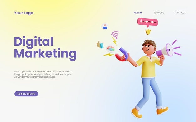 PSD 3d render character doing digital marketing landing page template