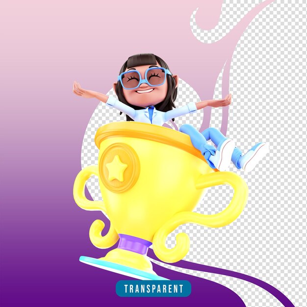 Rendering 3D personaggio femminile con trofeo