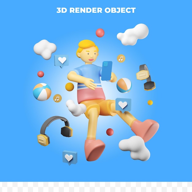 3d render character flying with smartphone and other object