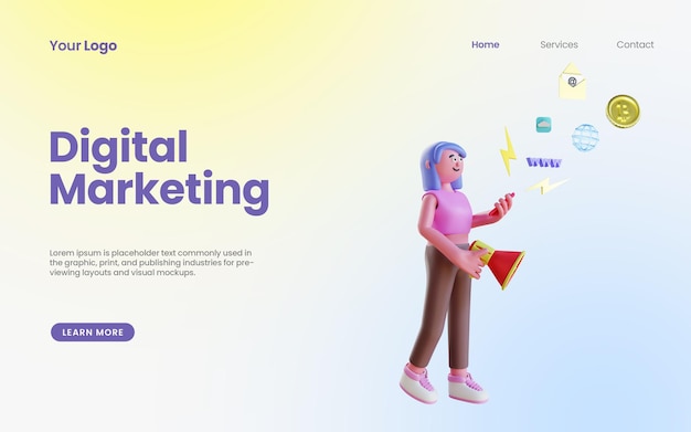 PSD 3d render character holding megaphone doing digital marketing