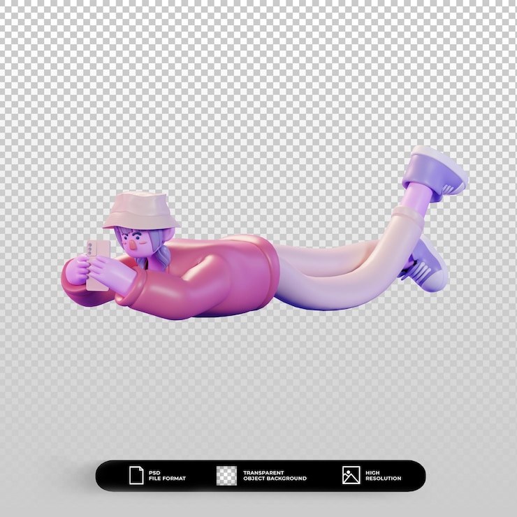 PSD 3d render character illustration scrolling smartphone pose