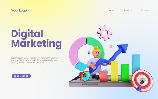 3d render character sit on big graphic doing digital marketing landing page template