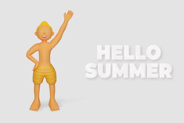 PSD 3d render character waving summer template