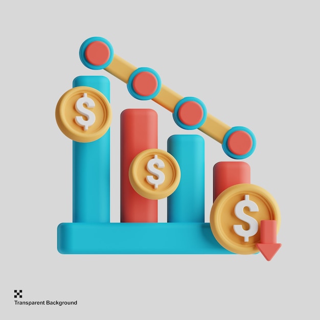 3d render chart arrow and coins Red flexible falling down stock arrow icon 3d render illustration...