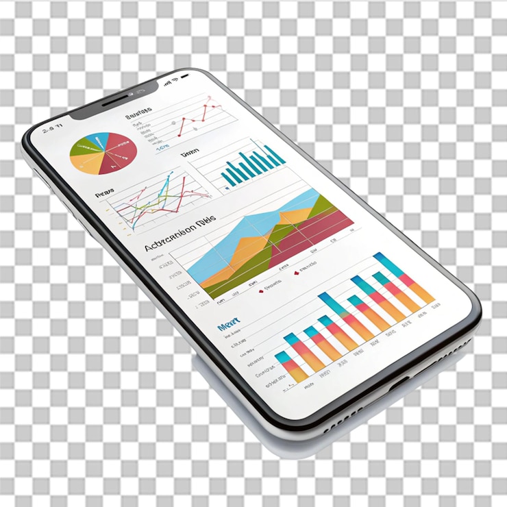 PSD 3d render of charts and graphs on a smartphone screen isolated on transparent background