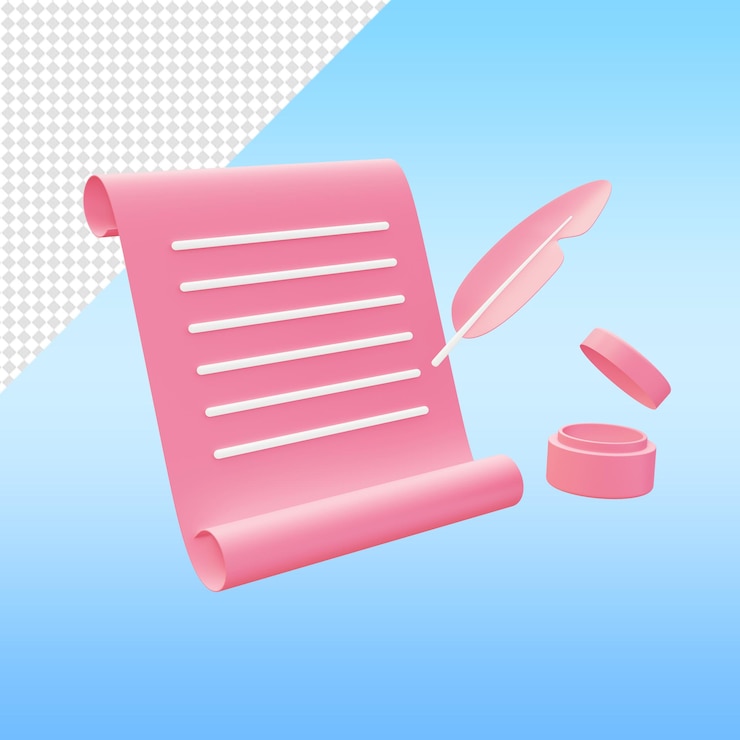 PSD 3d render checklist paper scrolls with feather inks icons template for ui ux web mobile apps designs