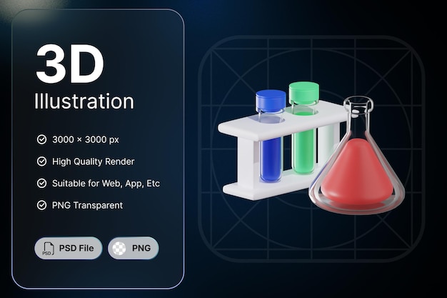PSD 3d 렌더링 화학 플라스 크 의료 개념 현대 아이콘 그림 디자인