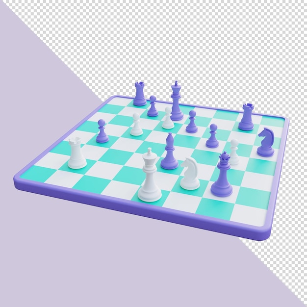 3d render chess board with purple and white chess pieces