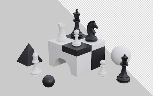 3d render chess set up with a figures on a chessboard made from geometric objects