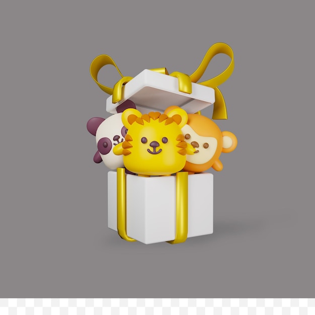 3d render chicken panda and tiger in gift box