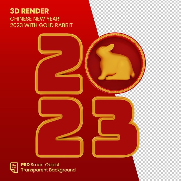 PSD 3d render chinees nieuwjaar 2023 met gouden konijn