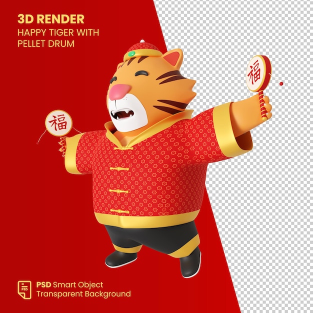 PSD rendering 3d tigre cinese felice con tamburo a pellet