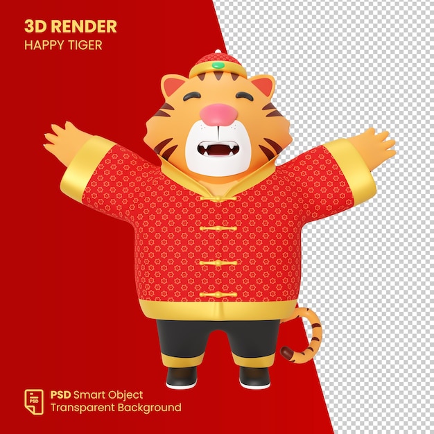 PSD 3d render chinese happy tiger with red envelopes