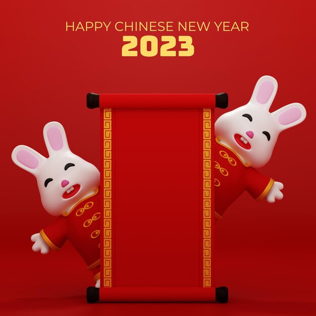 3d render chinese new year 2023 happy rabbit with paper scroll background