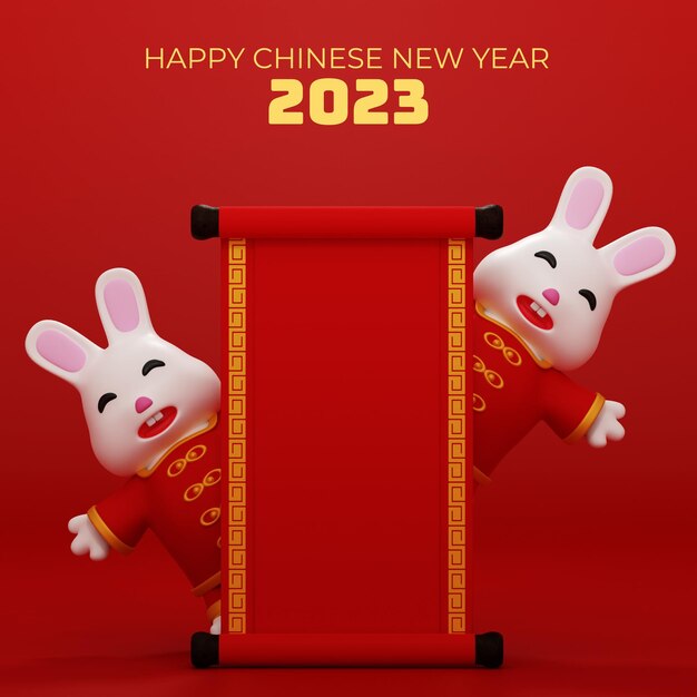 3d рендер китайский новый год 2023 happy rabbit with paper scroll background