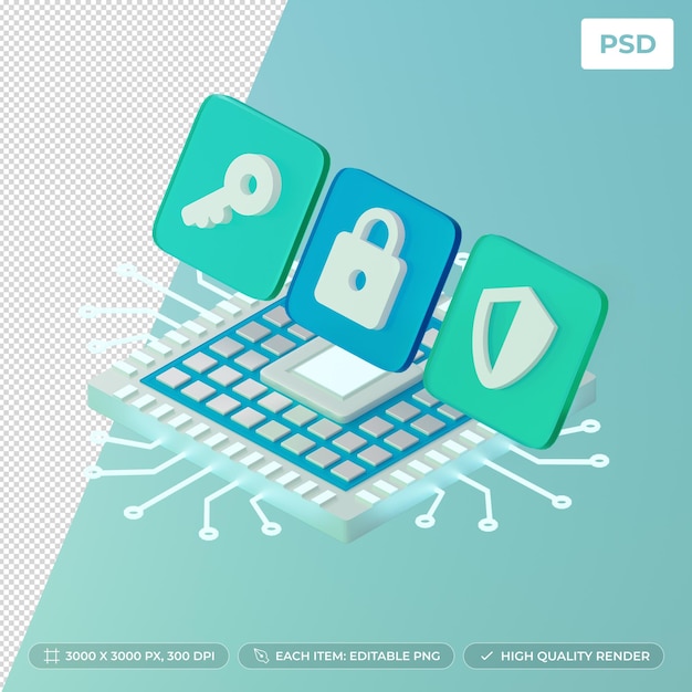 3d render chipset met drijvend slot en beveiligingspictogrammen boven