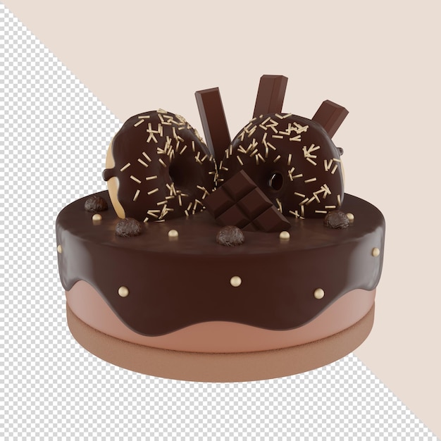 3D render chocoladetaart met chocoladeglazuur en chocoladerepen en donuts