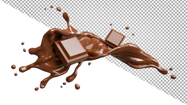 PSD rendering 3d di cioccolato spruzzato con barretta di cioccolato su sfondo trasparente,percorso di ritaglio