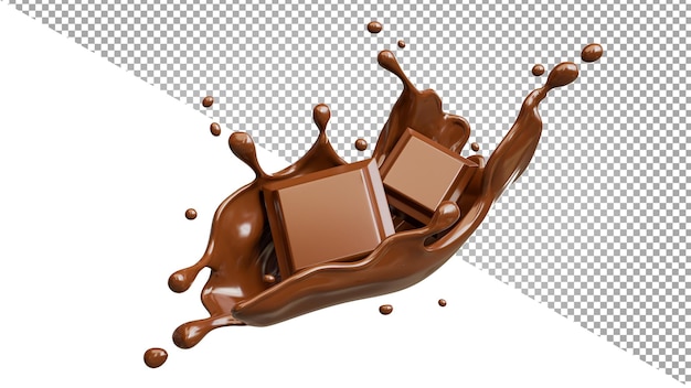 투명한 배경에 초콜릿 바가 튀는 초콜릿의 3d 렌더링, 클리핑 패스