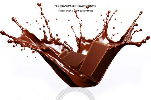 Render 3d di cioccolato spruzzato con barretta di cioccolato su sfondo trasparente