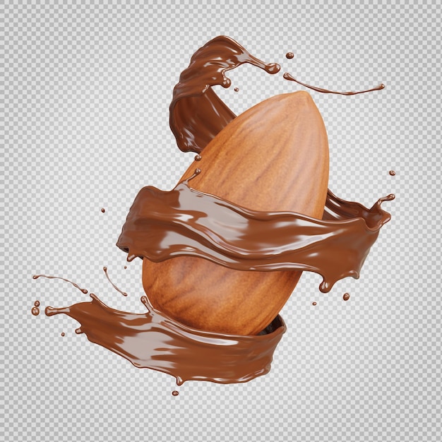 PSD rendering 3d di spruzzi di cioccolato a forma di spirale con mandorla