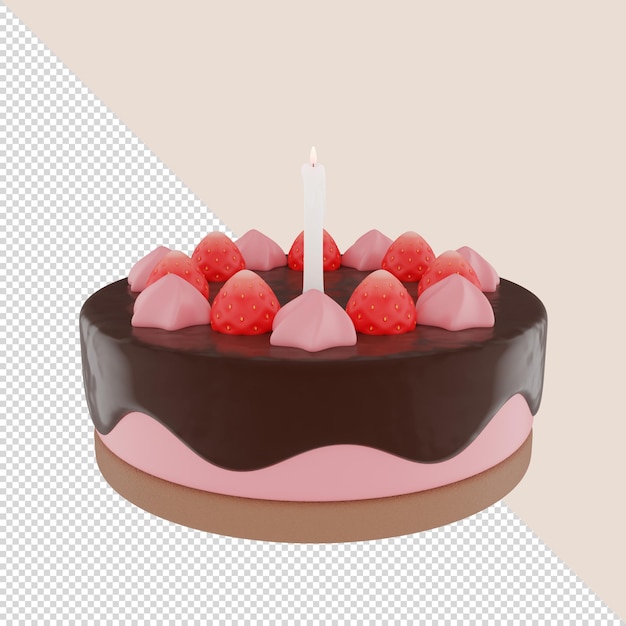 3d render chocolate strawberry birthday cake with a candle