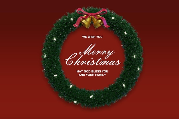 3d render christmas greeting with green christmas wreath and bells