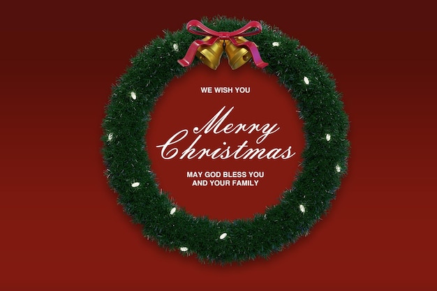 PSD 3d render christmas greeting with green christmas wreath and bells