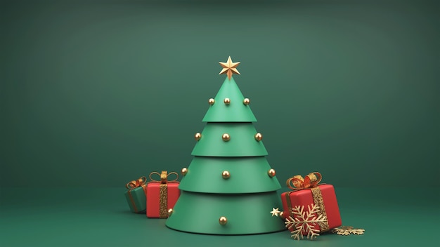 3d render of christmas tree with gift boxes golden glitter snowflakes and copy space on green background