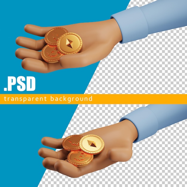 PSD 3d render da vicino la mano che tiene con monete bitcoin, criptovaluta.