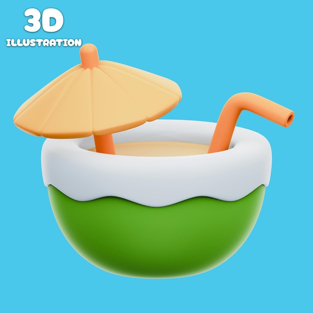 傘とストローでココナッツカクテルの3Dレンダリング