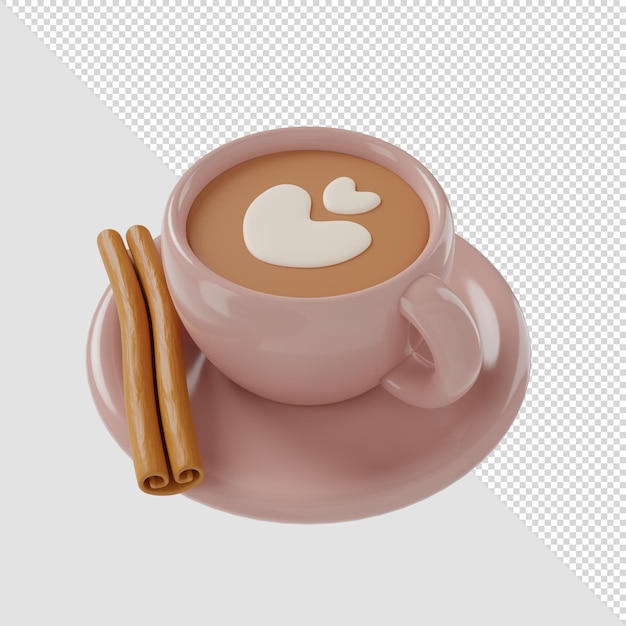 PSD 3d рендеринг кофейной чашки с корицей, капучино, латте арт