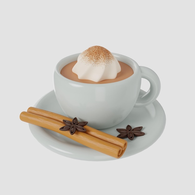 3d render coffee cup cinnamon star anise cappuccino cream