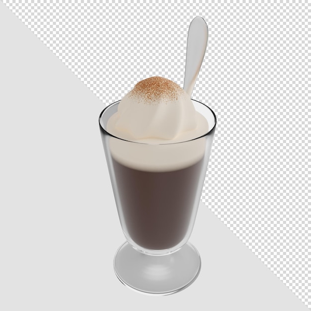 PSD rendering 3d frappe latte in vetro da caffè con crema e cucchiaio d'argento