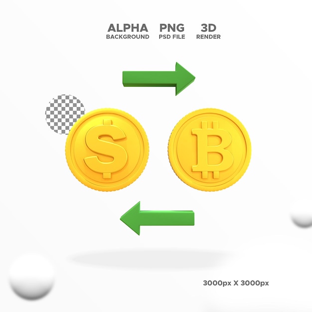 Rendering 3d cambio moneta da dollari a bitcoin icona per l'illustrazione del design oggetto isolato