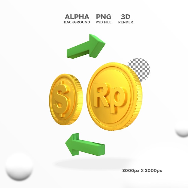 3d render coin exchange dollars to rupiah icon for design illustration isolated object